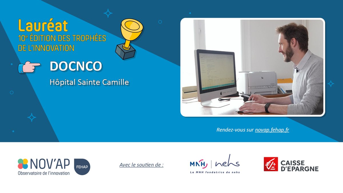 1/8 
Félicitations au <a href="/chsaintcamille/">Hôpital Saint-Camille</a> pour son innovation « DocNco » !

DOCNCO est une plateforme sécurisée permettant de simplifier et d’optimiser l’adressage des patients entre professionnels de santé.

Découvrez le projet en vidéo : youtu.be/LIdEaXtUFfs
