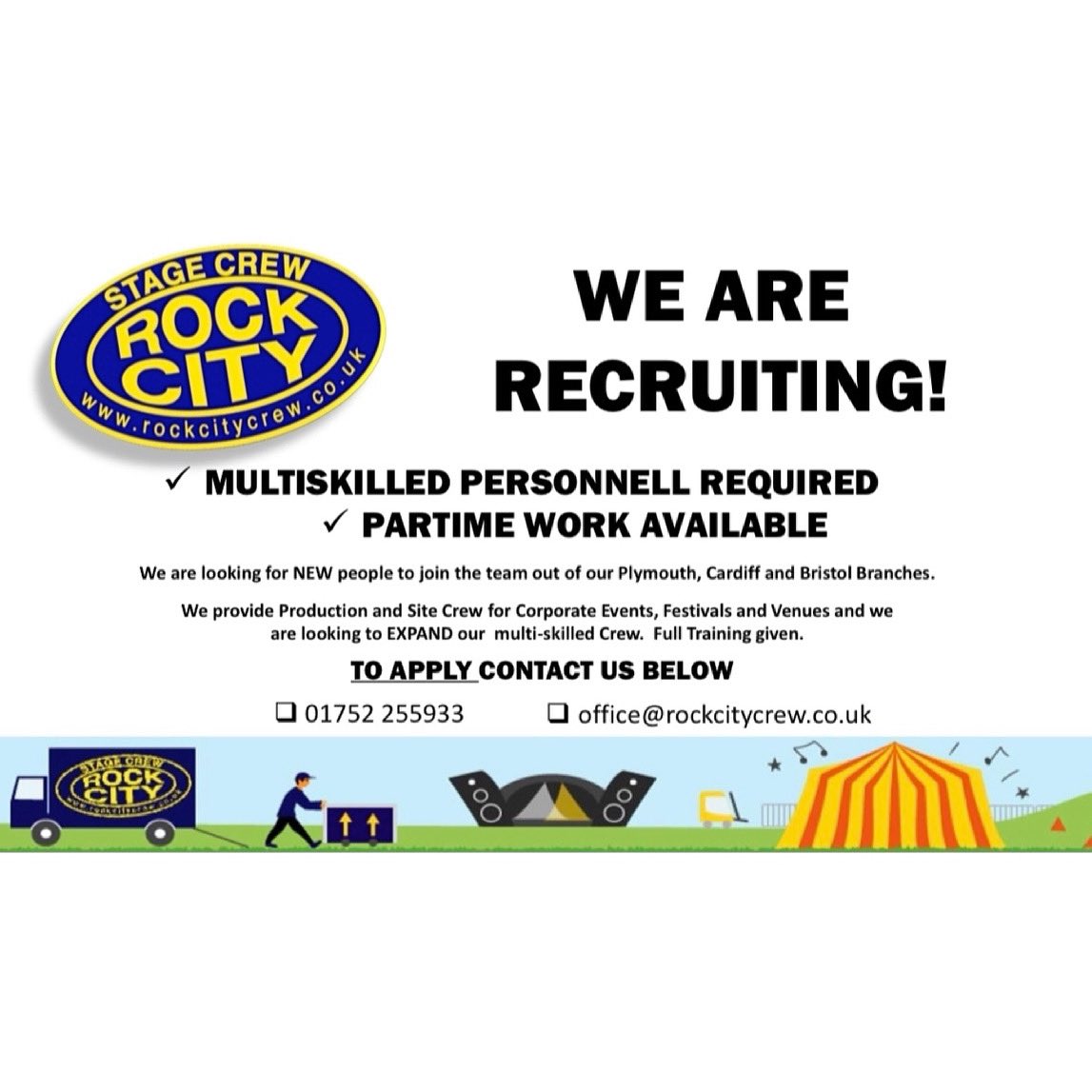 ‼️ WE’RE RECRUITING ‼️ 

Apply today and join our team 👷‍♀️👷‍♂️

Call 📞 - 01752 255933 
Email 📧 - office@rockcitycrew.co.uk

#HereForCulture #WeMakeEvents