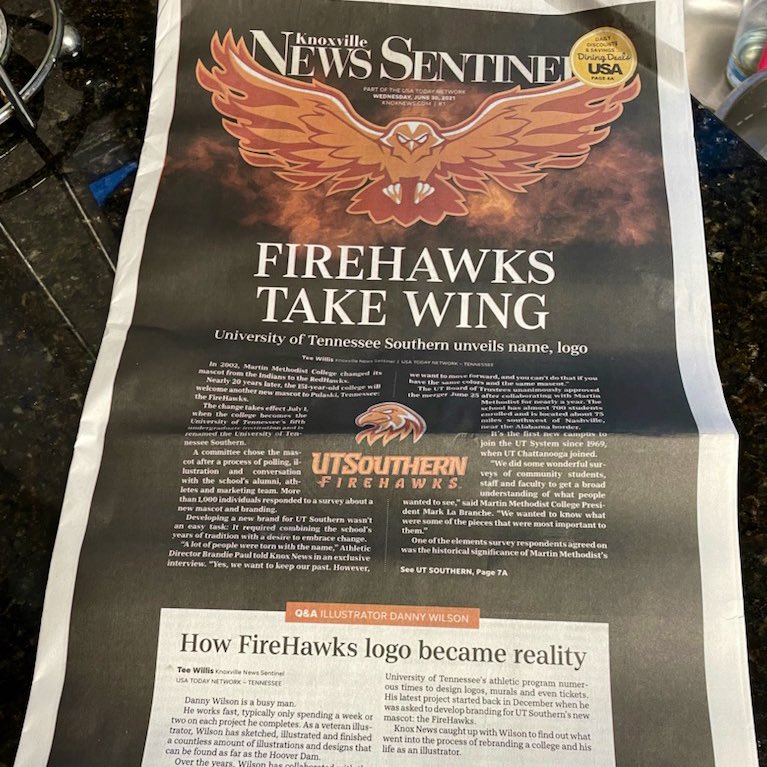 Say hello to the #FireHawks of UT Southern! This week is going to be full of exciting news from our newest campus, and today we get to celebrate with these amazing new designs. Thanks to <a href="/knoxnews/">Knox News</a> for putting #UTSouthern on the front page!
#EverywhereUT 
bit.ly/3jrrAGT