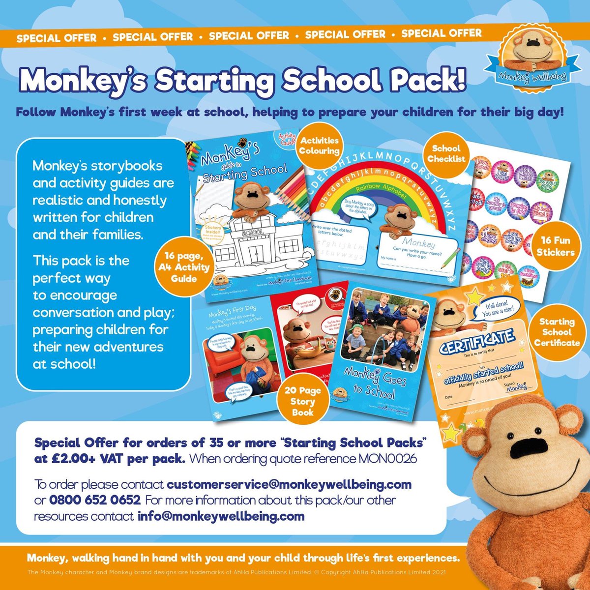 Monkey is excited that lots of little monkeys are getting ready to start in Reception!
To order email customerservice@monkeywellbeing.com  
Many PTA purchase the packs for new children. 
They are a great moving up gift from Nursery, Playgroup & Pre-School #eyfs #startingschool