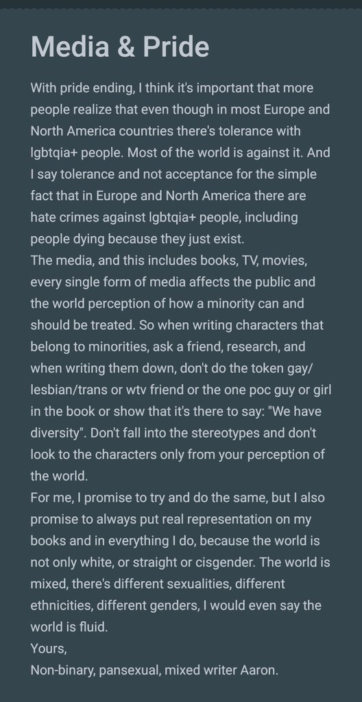 AaronARS1's tweet photo. Hope yall had a great pride, and remember love is love all year around. 
#pride #Pride2021 #PrideMonth #writing #Writer #writerslife #writingcommmunity #LGBT #lgbtq #LGBTQIA #nonbinary #pansexual #Wattpad #writerslift #BookTwitter #Book #writersoftwitter #writersofinstagram https://t.co/jgG1loleZn