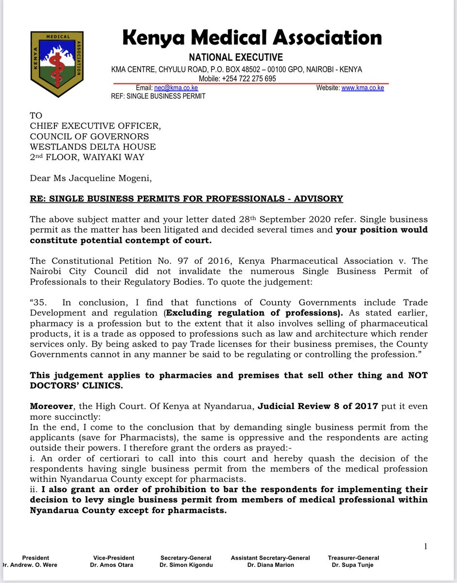 simonkigondu's tweet photo. #SingleBusinessPermit
Even if there are @KRACare targets to meet, breaking the law by sending @NMS_Kenya & other county government personnel to force doctors & other professionals to pay fees they already have paid to @KmpdcOfficial is not the way to go. Expect my protest letter https://t.co/rv7awDsZ5T