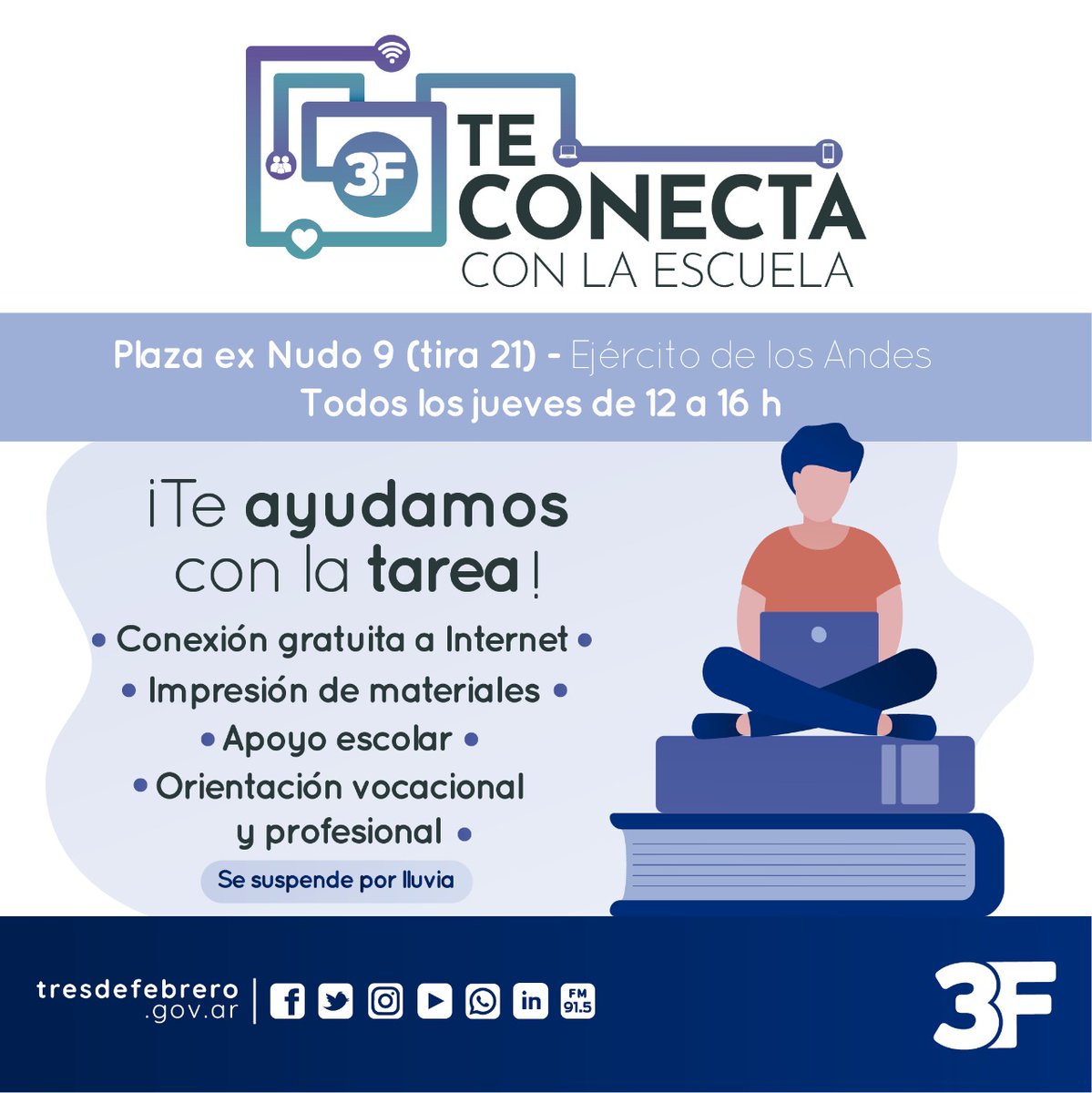 Municipalidad3F's tweet photo. 📚👍 Te esperamos todos los jueves en la Plaza ex Nudo 9 de #Ciudadela para ayudarte con las tareas y seguir acompañándote en el desarrollo escolar.

⌚ Jueves de 12h a 16h.

¡Sumate! 🤗

#ApoyoEscolar #3FTeConecta #Tarea https://t.co/WNNhmADxtQ