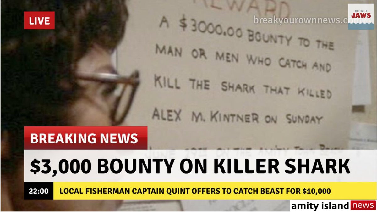 thedailyjaws's tweet photo. #Jaws as it happens via #BreakingNews. #OTD Bounty for killer #shark that took poor #AlexKintner brings #shark fever to Amity Island. 

Follow 👉 #JawsWeek https://t.co/2136V3EXvK