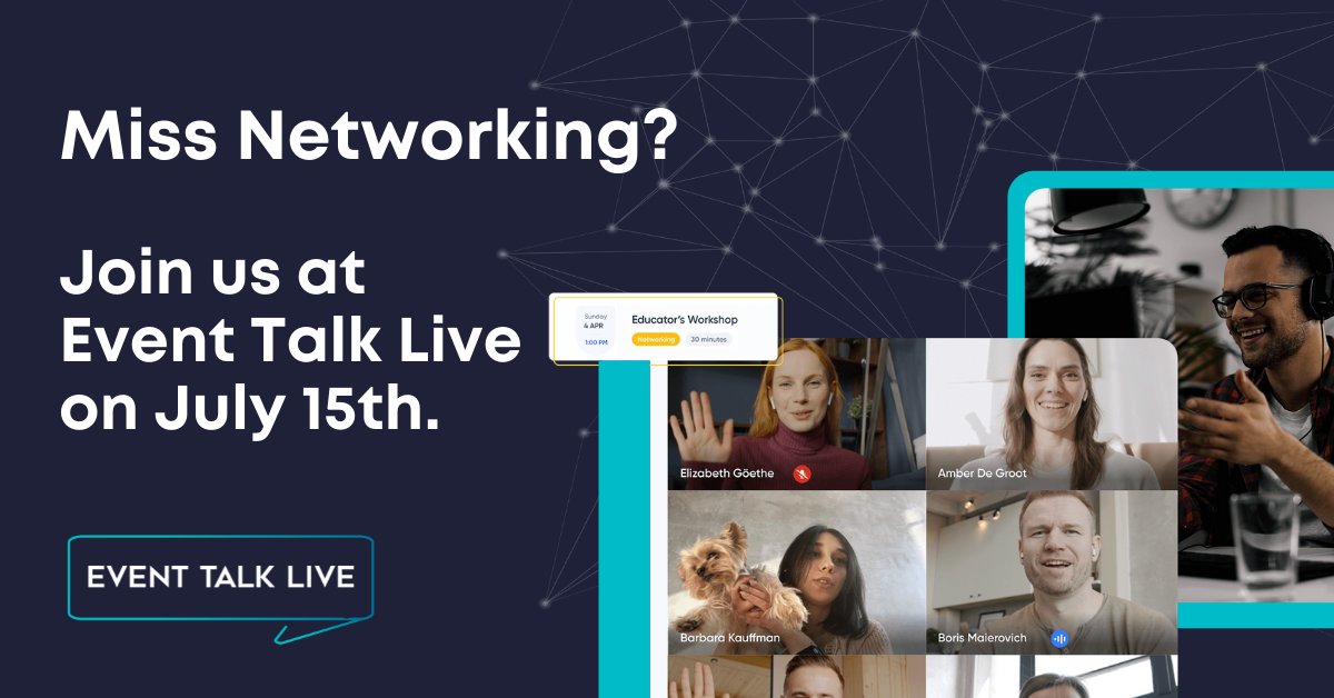 Accelevents's tweet photo. Do you miss #Networking with other #EventProfs? Make sure you save your seat for #EventTalkLive on July 15! Discuss the future of hybrid events with other attendees in lounges or 1:1 meetups, and join the Accelevents team in workshops. Register today: https://t.co/YrILefAm7F https://t.co/8kEN0gsrvI