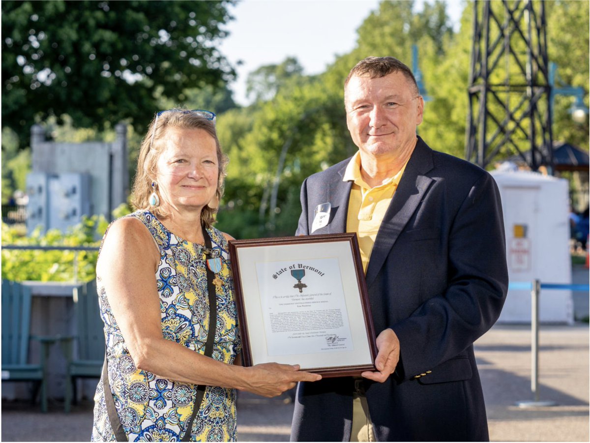 VTRoundtable's tweet image. Today we celebrate @lisa_ventriss, who is retiring as President of VBR, having served for 19 years. Last wk Lisa was honored by Maj. Gen. Gregory Knight, Adjutant General of Vermont National Guard with the Vermont Distinguished Service Medal. Well done and congratulations, Lisa!