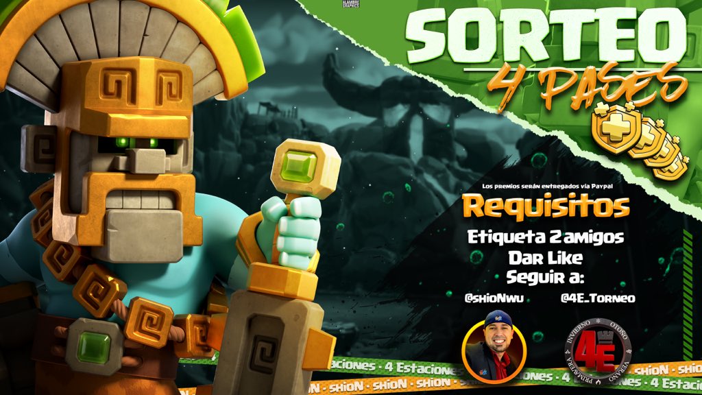 🔥SORTEO🔥
#ClashofClans 

🎁4 Pases de Oro vía Paypal!

Requisitos👀
✅Seguir <a href="/4E_Torneo/">Torneo 4Estaciones</a> 
✅Seguir <a href="/shioNwu/">shioN🔥</a> 
✅RT, Like y Tag a 2 amigos

Se anunciará a los ganadores el viernes 2 de julio! SUERTE🤩
Fuegooo🤟🏼🔥