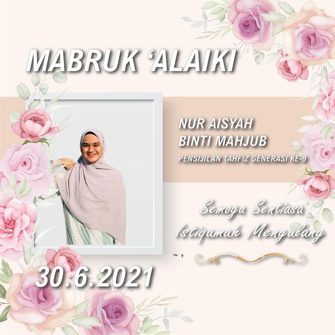 UnitenK's tweet image. Tahniah Nur Aisyah bt Mahjub, Pelajar Tahfiz Generasi ke-9 yang berjaya mengkhatamkan hafazan 30 juz Al-Quran pada hari ini

Beliau ialah seorang pelajar yang aktif bertaranum dan pernah bersama dalam siri FB LIVE Kuncitara Penuh Malaysia 2021 oleh Ust Mohd Hariri Mohamad Daud.