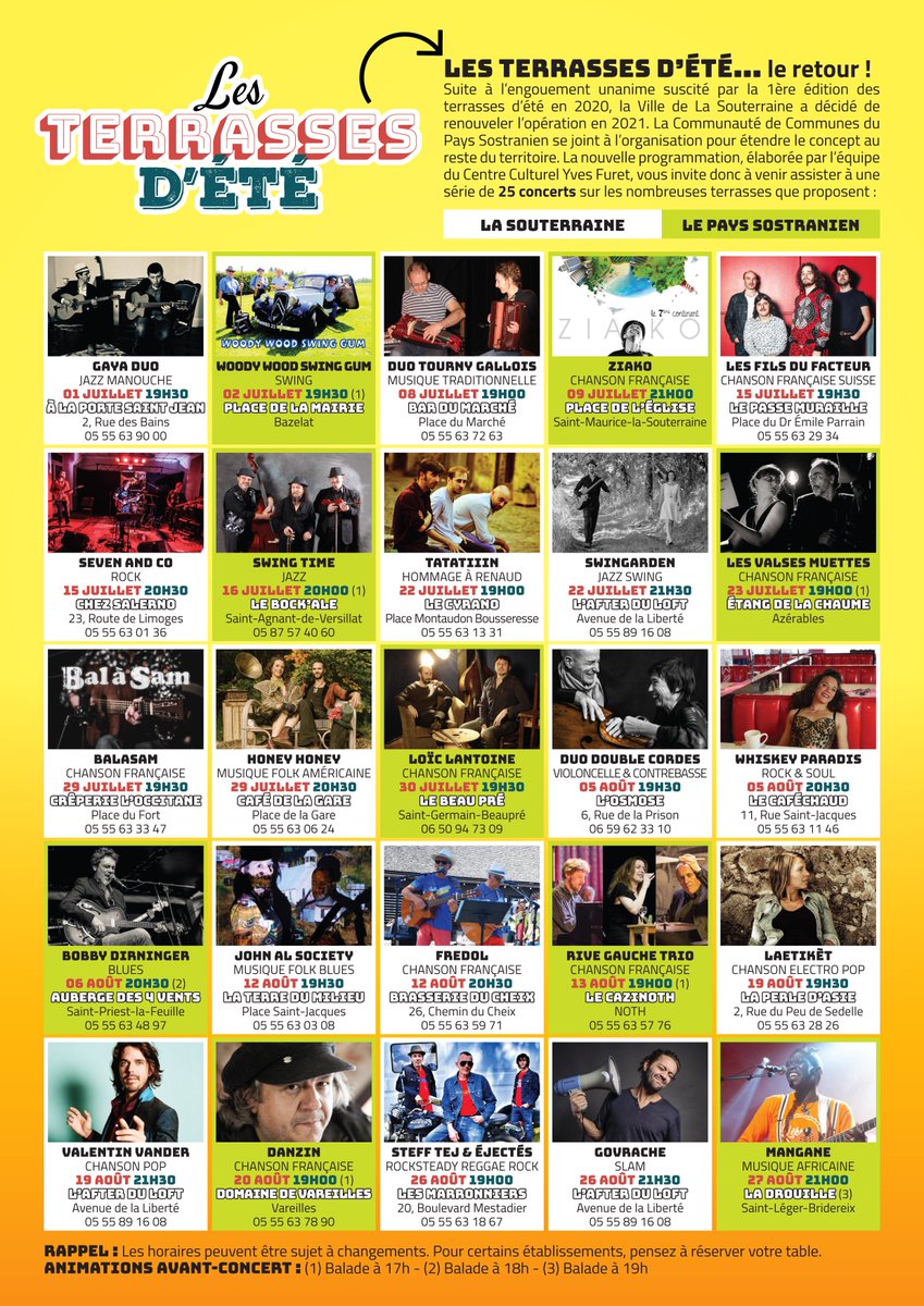 LES TERRASSES D’ÉTÉ... le retour ! Un soir, une terrasse, un artiste régional, un commerce local. Un programme de 25 concerts gratuits, les jeudis (<a href="/La_Souterraine/">Ville de La Souterraine</a>) et vendredis (dans les communes du Pays Sostranien) en juillet et août. via lasouterraine.fr/evenement/les-… #lasouterraine