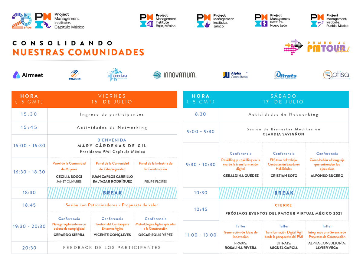 pmicentromex's tweet photo. El @pmicapitulomex te invita al evento "Rumbo al PMTOUR 2021 CONSOLIDANDO A NUESTRAS COMUNIDADES"
📆 16 y 17 de julio 
👉 Inscríbete: https://t.co/Vt6cxaxg3w
✨ Si realizaste la compra de tu boleto por los 4 eventos, no es necesario volver a registrarte.
Te compartimos la agenda: https://t.co/LmApLnyaBp