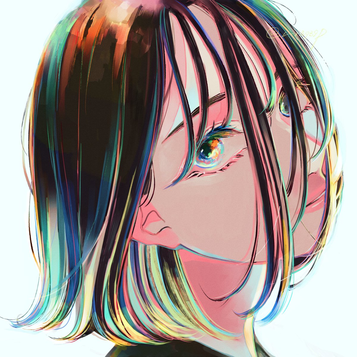 1girl solo short hair looking at viewer black hair portrait hair over one eye  illustration images