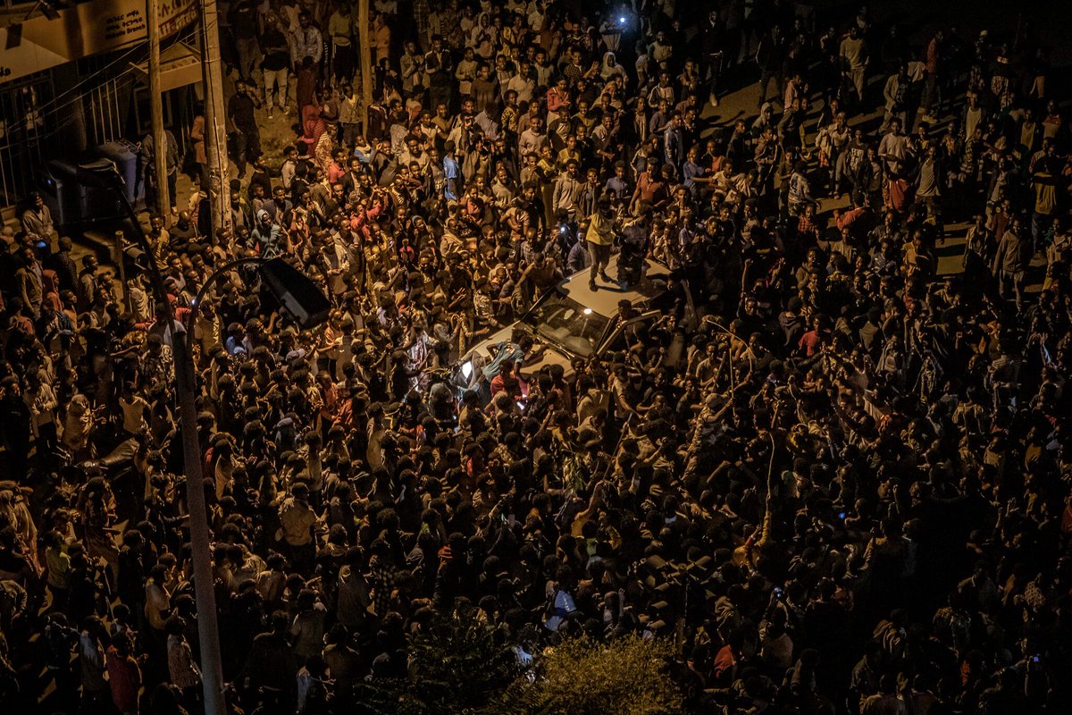 Powerful photo by <a href="/finbarroreilly/">Finbarr O'Reilly</a> on the front page of <a href="/nytimes/">The New York Times</a> today showing crowds gathering to celebrate the departure of Ethiopian government forces and the arrival of Tigray Defense Forces in the regional capital Mekelle.
