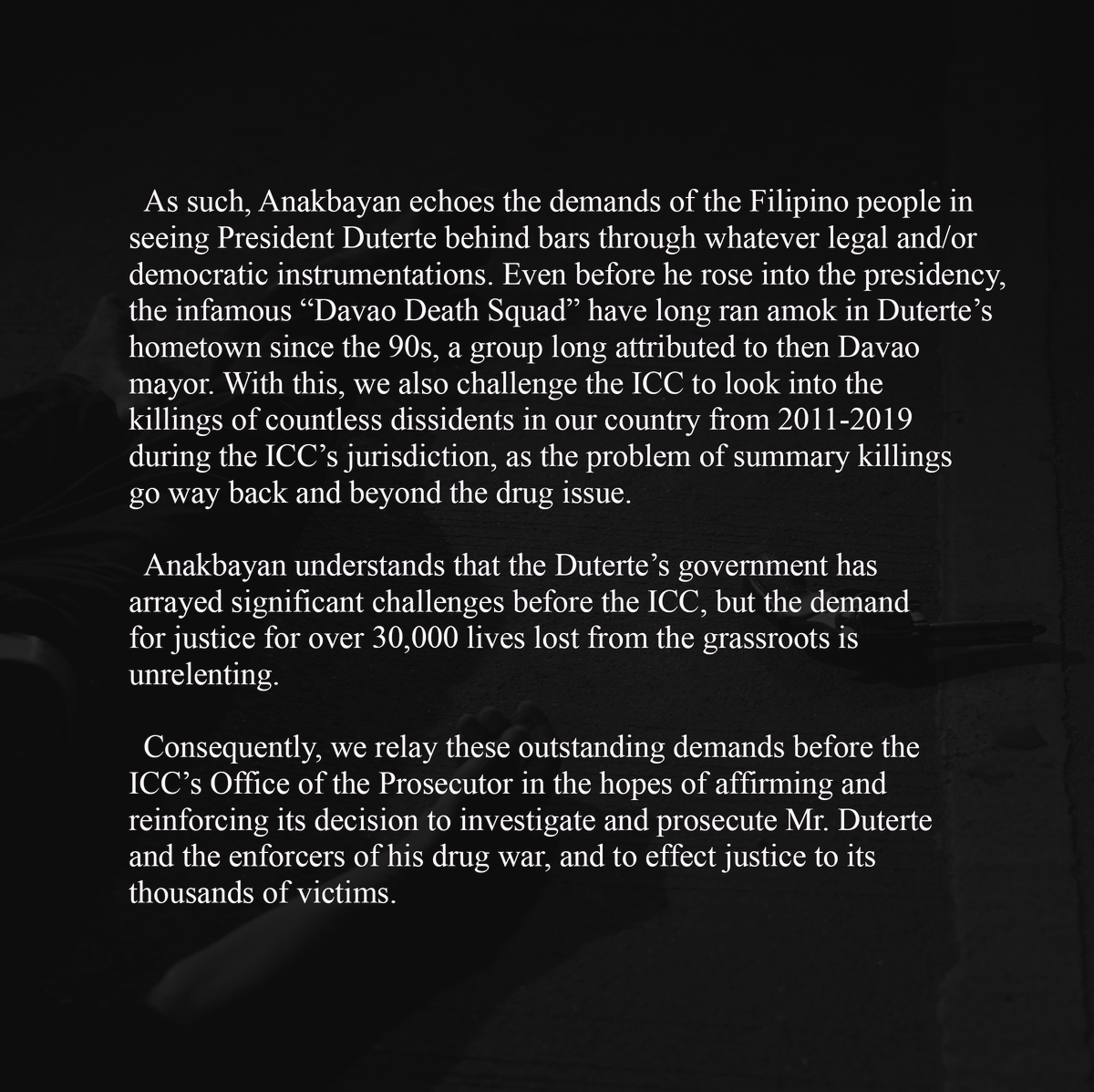 READ: Anakbayan's open letter to the International Criminal Court regarding Duterte's crimes against humanity

#StopTheKillings
#ProsecuteDuterte
#OustDuterteNOW