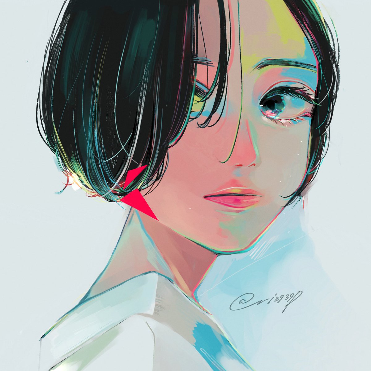 1girl solo short hair looking at viewer black hair portrait hair over one eye  illustration images