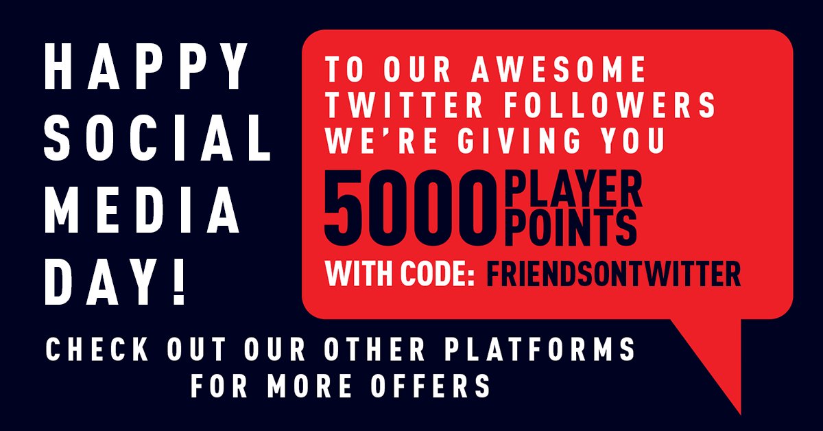 shop4fr's tweet photo. Happy Social Media Day to all our Twitter followers⭐
We want to reward you for supporting us by giving you a code 'FRIENDSONTWITTER' for an extra 5000 Player Points!
Just a lil' treat to say thankyou😉 https://t.co/ykUcQmUtKx