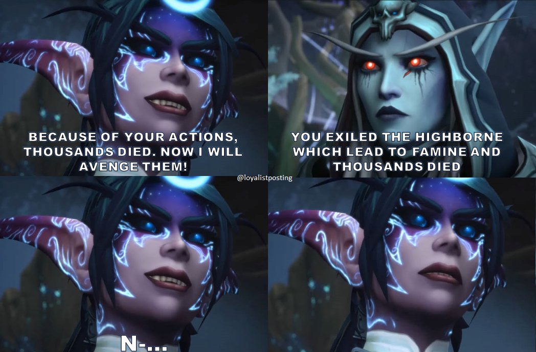 loyalistposting's tweet photo. It's genocide if Sylvanas does it, if Tyrande or Jaina, it's all fine and forgiven #Warcraft #Sylvanas https://t.co/j8wo9e6CQz
