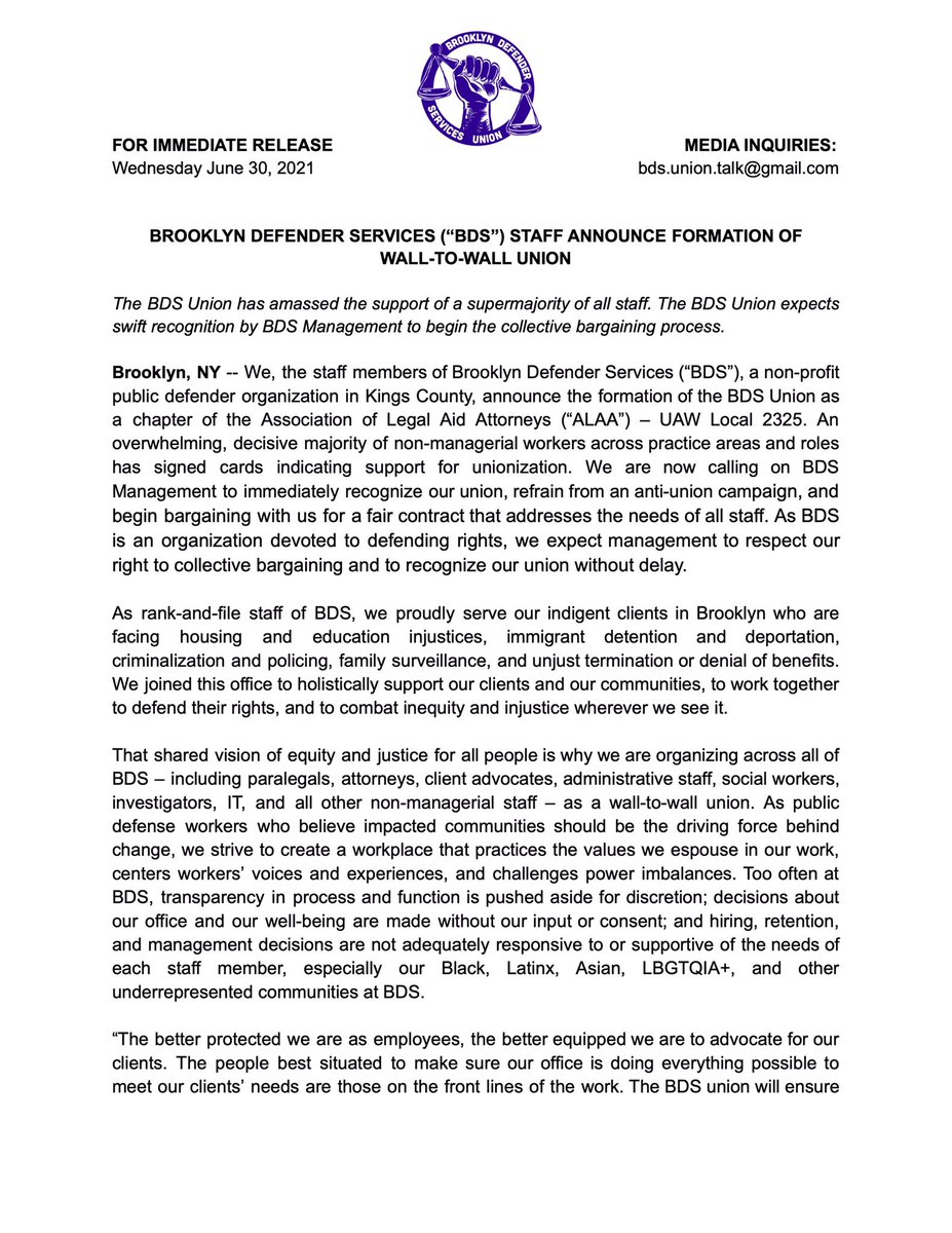 bds_union's tweet photo. Rank &amp; file staff at Brooklyn Defender Services (BDS) are proud to announce the formation of a BDS Union as a chapter of @ALAA2325. A supermajority of staff now call on BDS management to recognize our wall-to-wall union. #bdsunion #unionstrong • Learn more in our press release: https://t.co/bGTBJjpyOw