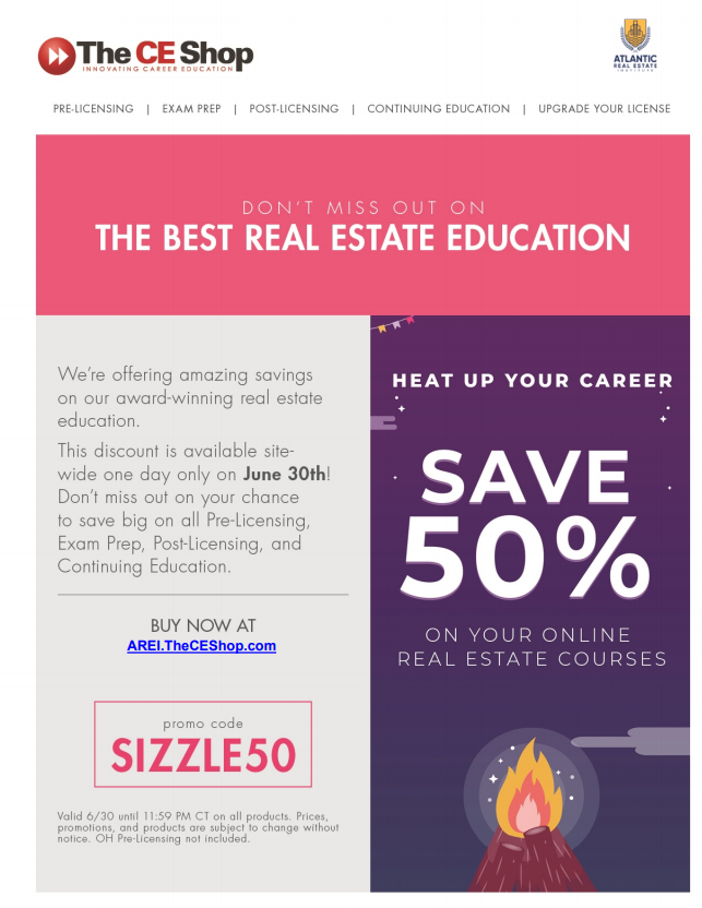 real_arei's tweet photo. Save 50% on all Exam Prep, Pre-Licensing, Post-Licensing, and Continuing Education today, June 30th by visiting, https://t.co/JNJVi1fNp1 and use the promo code SIZZLE50 to save 50% on your online real estate courses. https://t.co/2YWfIYJaPu