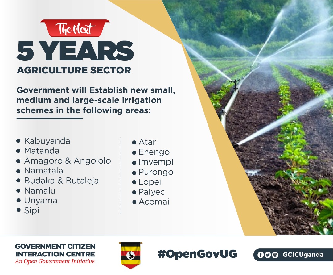 GovUganda's tweet photo. Government will Establish new small, medium and large-scale irrigation schemes in the following 
areas: 
i) Kabuyanda in Isingiro district. 
ii) Matanda in Kanungu district. 
iii) Amagoro and Angololo in Tororo district. #GovDeliversUG #UgGovtWorks https://t.co/LYRivYSXlL
