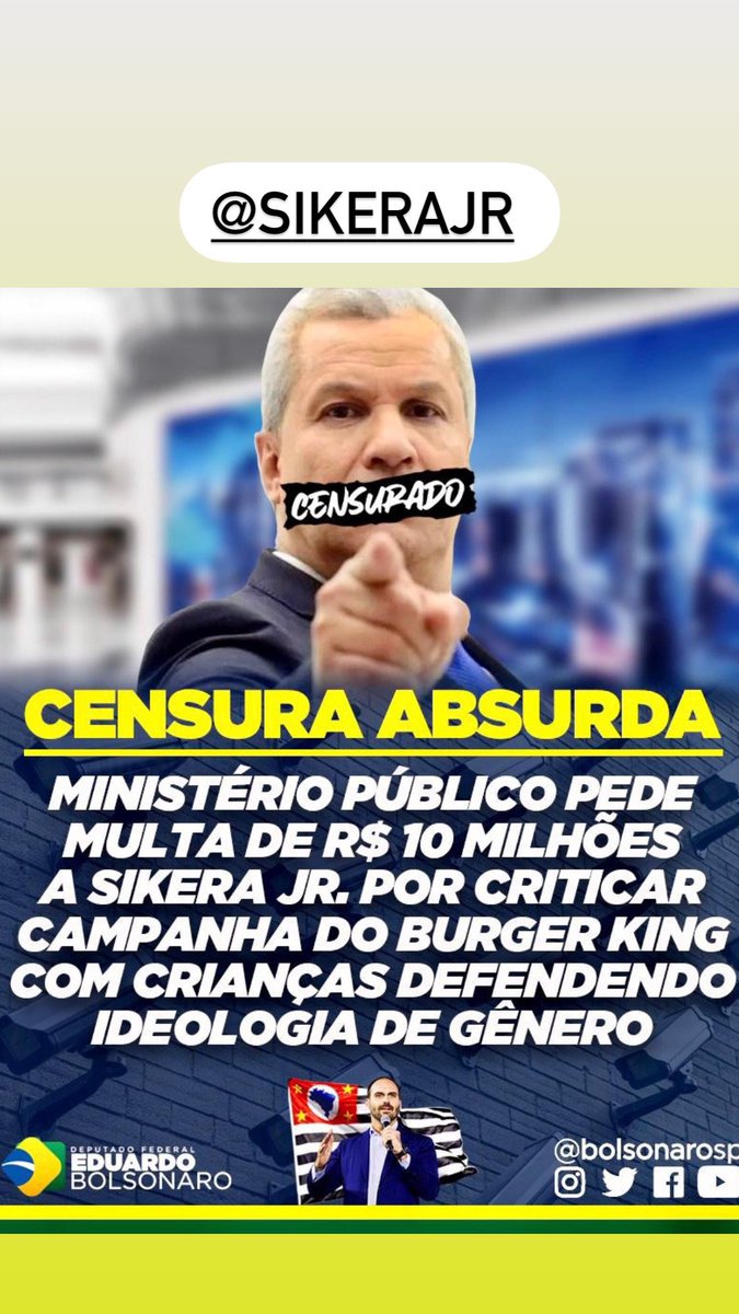BolsonaroSP's tweet photo. Conservador, @sikerajr tem sido perseguido por criticar Burger King, que usou crianças em vídeo pró-ideologia de gênero

MPF/RS quer que @RedeTV pague multa de R$ 10 MILHÕES por suas opiniões

Enquanto isso ele bate recorde de audiência https://t.co/2ssqDUzcuT

#EstamosComSikera https://t.co/fRTH0YZJbj