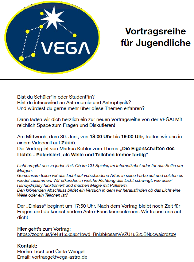 Heute Abend findet der nächste Vortrag der VdS statt. Das Thema ist „Die Eigenschaften des Lichts - Polarisiert, als Welle und Teilchen immer farbig“. Markus Kohler wird diesen Vortrag halten. Seid mit dabei!
#astronomy #astronomie #Astrophotography