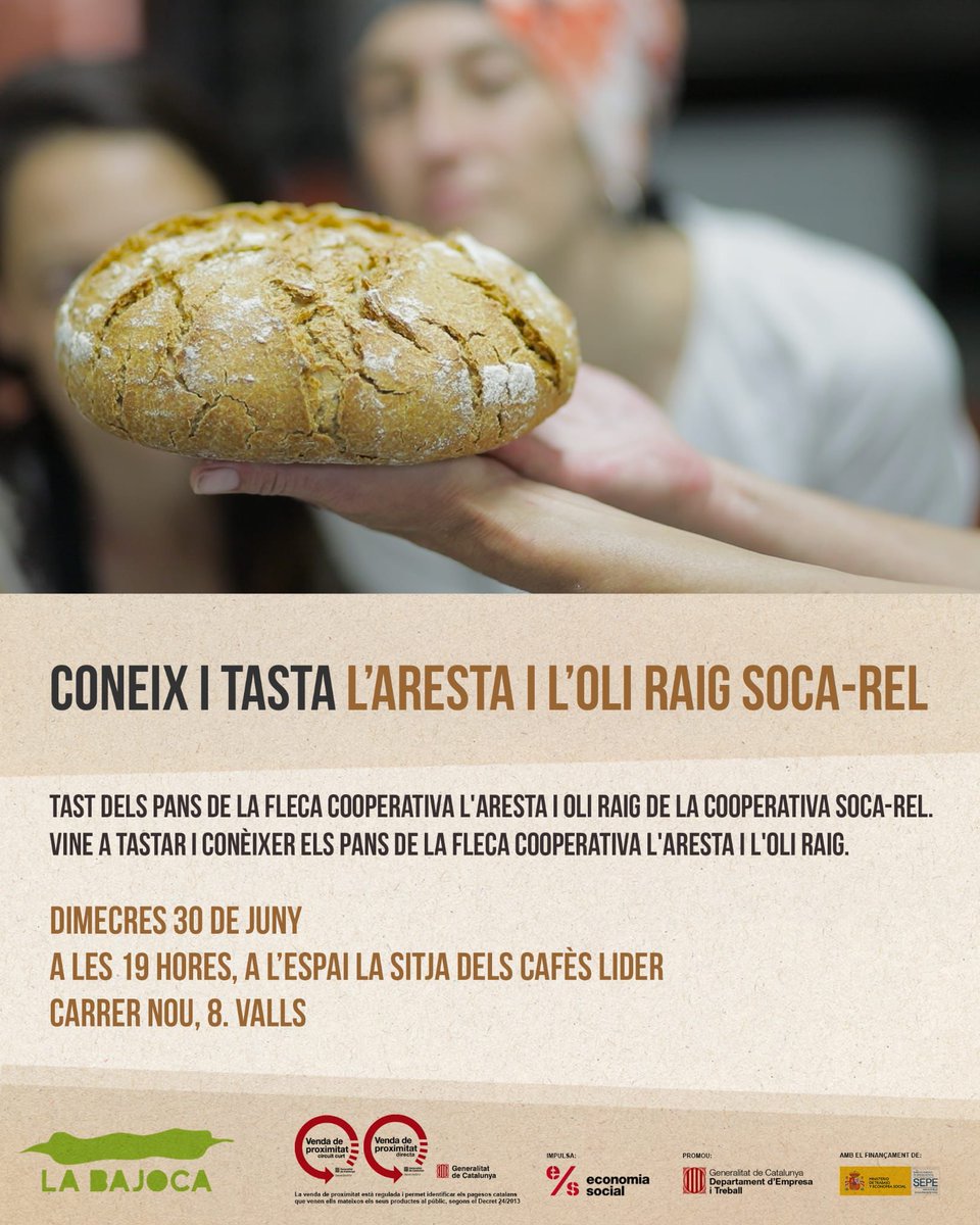 L'<a href="/arestacoop/">L'Aresta Cooperativa</a> et vol explicar què s'amaga darrera els seus pans i productes fets amb farines Can Mestre, Santa Coloma Queralt. Acompanyat d'oli de raig Soca-rel SCCL de Bràfim.
Avui 7 tarda, i aprofita per visitar la nova botiga de La Bajoca!
Inscripcions: forms.gle/NJ9pntx6tyUQzx…
