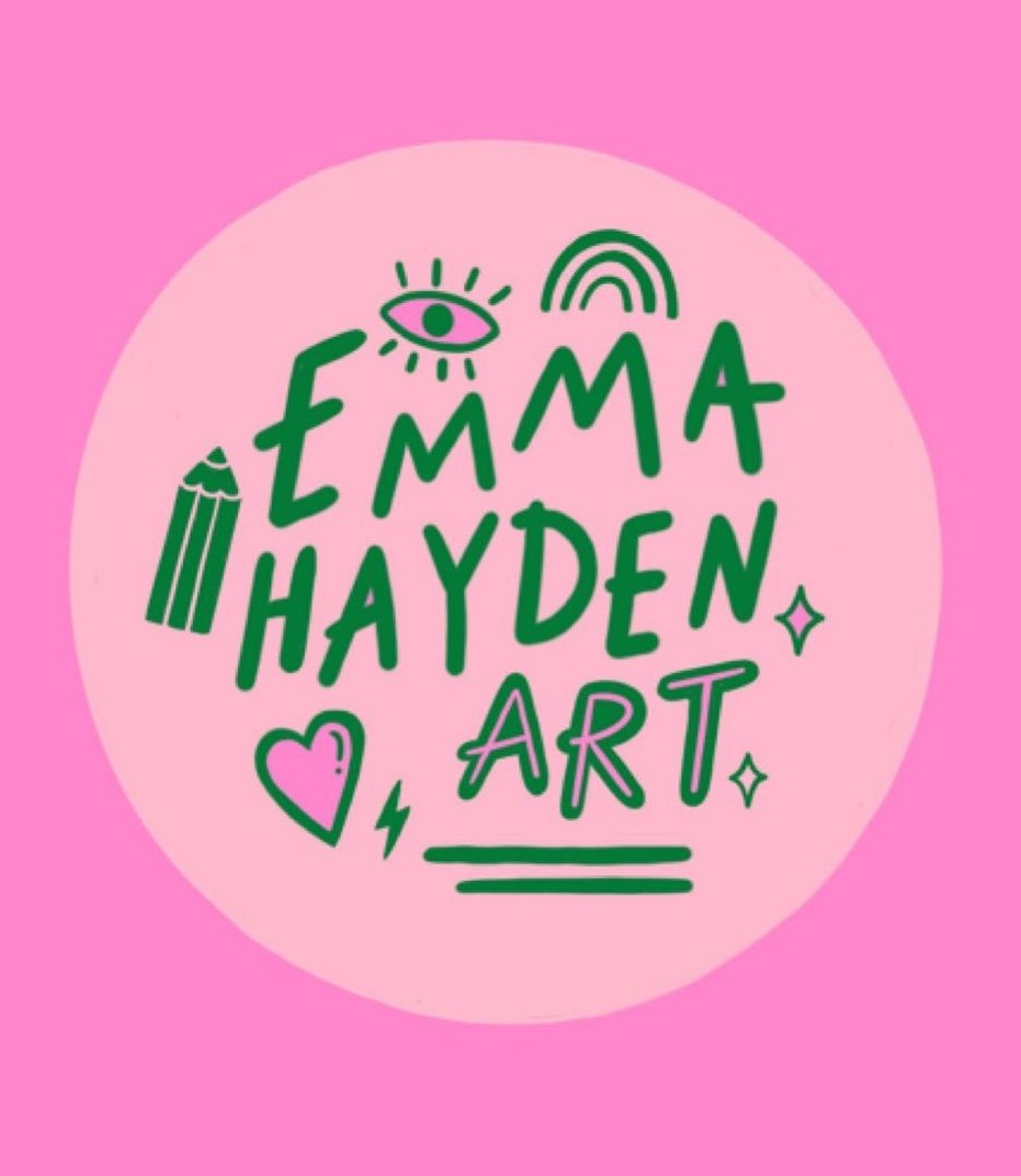 Pink background, greet logo of "Emma Hayden Art" featuring a pencil, a heart, a rainbow, an eye and more elements.