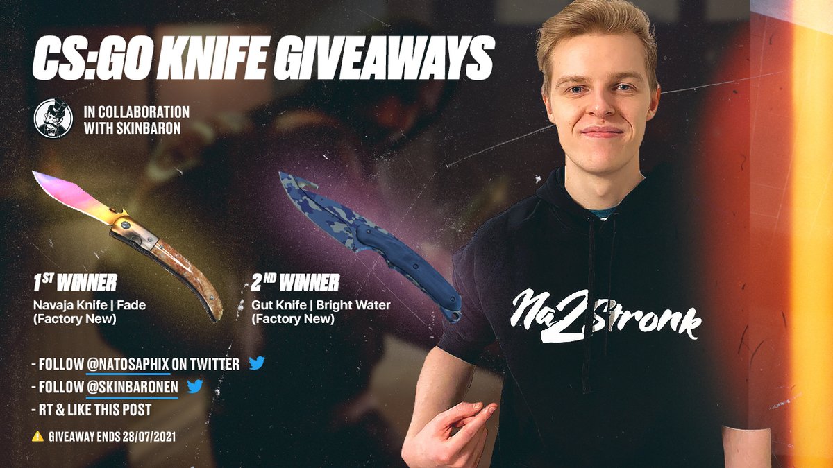 NaToSaphiX's tweet image. I'm doing a giveaway with @SkinBaronEN! 😍

To celebrate the stonks of the Na2StronK fam, we're giving away a CSGO knife to 2 winners! 

To Enter:
✅ Follow me
✅ Follow @SkinBaronEN
🔁 RT &amp;amp; Like this post

📆 Ends 28/07 GL!

Check out more skins here 👉 skinbaron.com/partner/natosa…