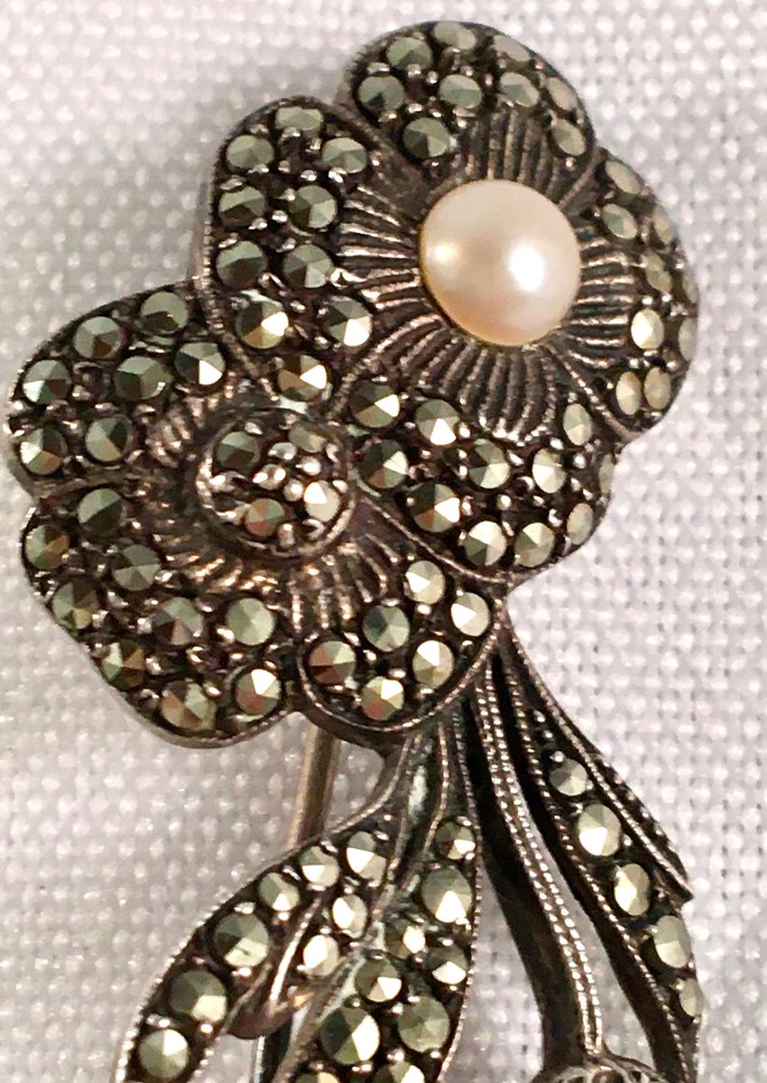 Excited to share this item from my #etsy shop: Vintage 1980's Sterling Silver? and Marcasite Flower Pin Brooch with Pearl 1.5' x .75' etsy.me/3juhyEY #marcasitebrooch
