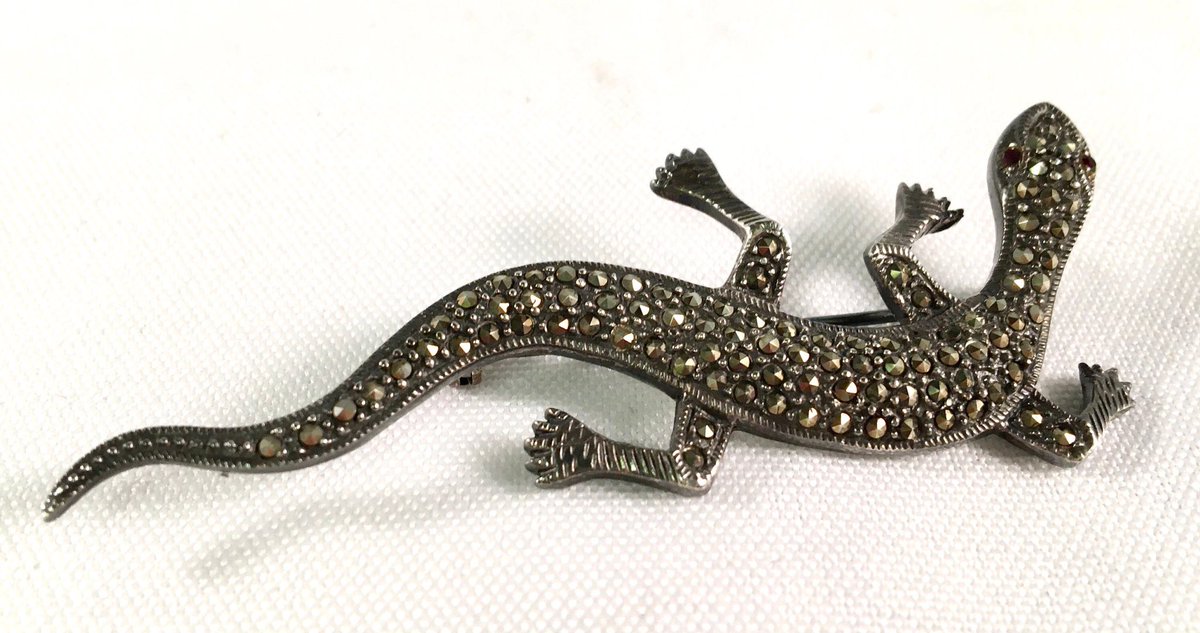 Excited to share this item from my #etsy shop: Vintage Sterling Silver and Marcasite Lizard 3' Pin or Brooch Red Stone Eyes 1980's Marked 925 S etsy.me/3yejQw9 #marcasitebrooch