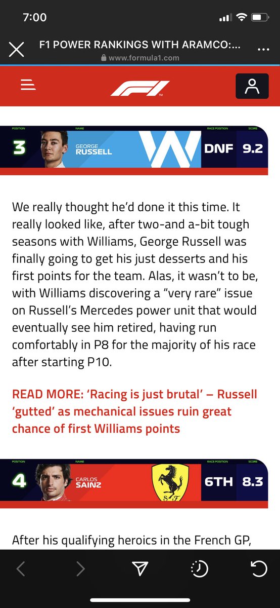 @GeorgeRussell63 @WilliamsRacing @F1  Totally deserves this Power Ranking position for his performance and I hope Williams and George scores some points in the coming race. 

#f1 #powerranking #AustrianGP #StyrianGP #Russell #williamsracing