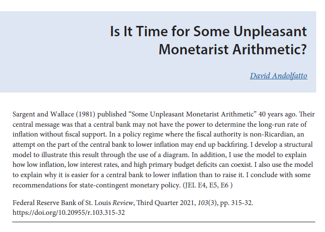 STLFedResearch's tweet photo. A new Review article from our economist @dandolfa uses a model to explain how low inflation, low interest rates, and high primary budget deficits can coexist and why its easier for a central bank to lower inflation than to raise it https://t.co/odHysObZ8C https://t.co/4NT8BeMH9n