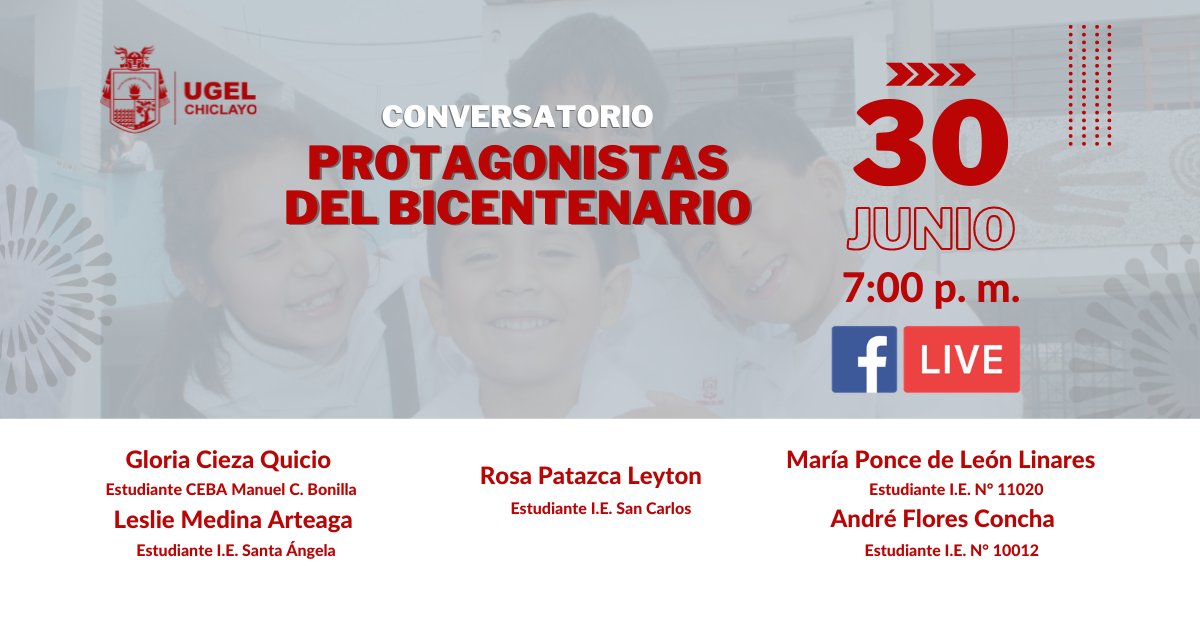 UChiclayo's tweet photo. ¡Estamos a pocas horas! Participa del segundo conversatorio por el #Bicentenario del Perú en #UgelChiclayo . 👩🧑Nuestros estudiantes están listos para intercambiar opiniones sobre lo que desean para nuestro país. 📲Sigue la transmisión en Facebook a las 7:00 p. m. https://t.co/y4kKRDKFJv