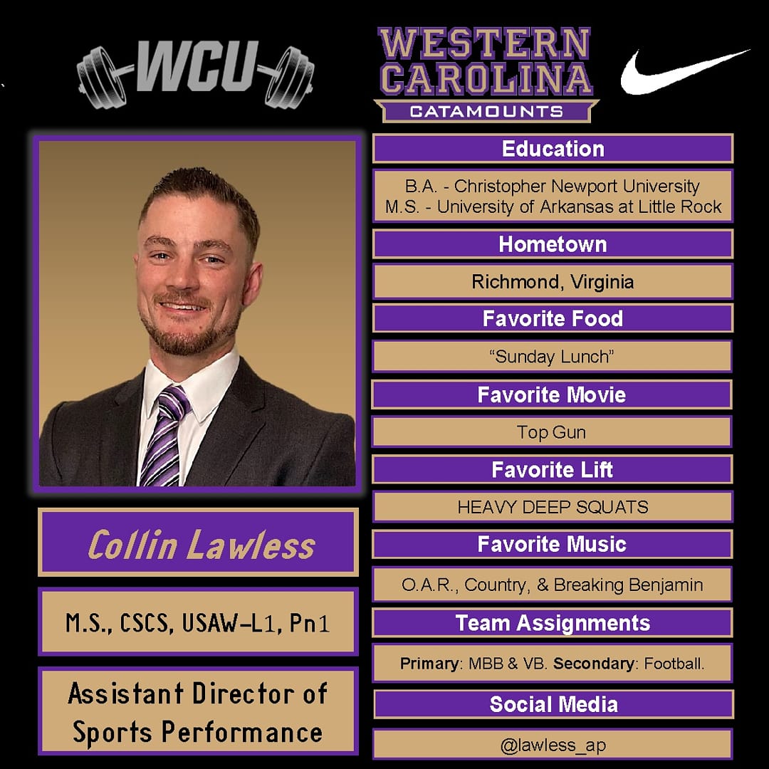 wcustrength's tweet photo. ▪️Meet the Staff▪️
Coach Collin Lawless will oversee the training of the Men’s Basketball and Volleyball programs while assisting with Football. Lawless is excited to bring his knowledge and passion for sports performance to Cullowhee! #CatamountCountry https://t.co/O0r1zRN4So