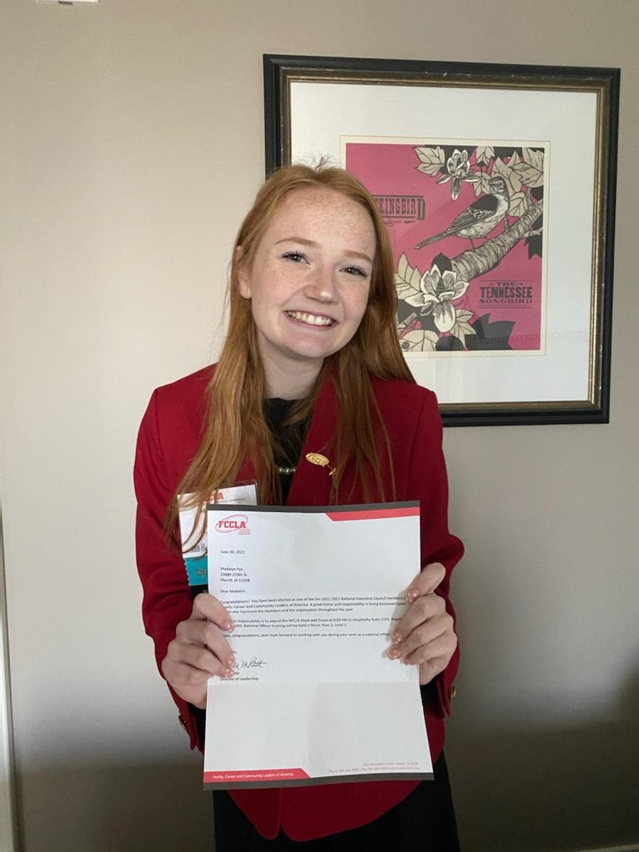 A HUGE congratulations to Madalyn Fox on her selection as a member of the National Executive Council for FCCLA!  Madalyn will serve a year term and work with her fellow officers at the National Level to improve FCCLA.