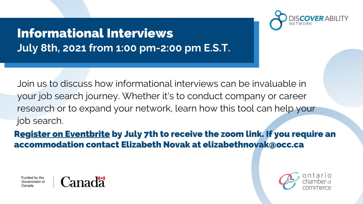 HireAbilityNow's tweet image. Are you a job seeker with a #disability?  Join @OntarioCofC  next week for a discussion on #InformationalInterviews and how they can be invaluable to your #jobsearch journey!!  Register now to reserve your spot!  

eventbrite.ca/e/informationa…

#jobseekers #interviewtips