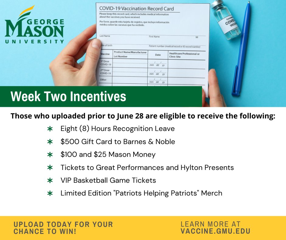 GeorgeMasonNews's tweet photo. To show appreciation to Patriots who've uploaded their proof of vaccination, there is a raffle of giveaways awarded each week through Aug. 1. Prizes include parking permits, professional development funding, gift cards, event tickets &amp; more.

Read more >> https://t.co/Qy3aPjTovv https://t.co/zTe6sR9q7U