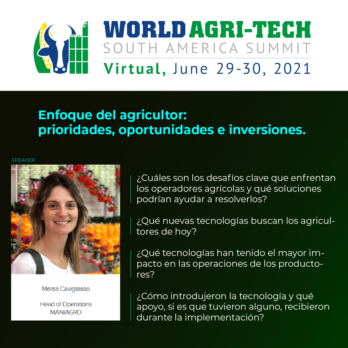 Desde las 12:20 hora Argentina en @WorldAgriTech , estará como Speaker nuestra Ing. Agr. @MeliCavigliasso en el panel de Enfoque del Agricultor. 👏👏👏 WorldAgriTech: el ecosistema de innovación agroalimentaria de Sudamérica. worldagritechsouthamerica.com