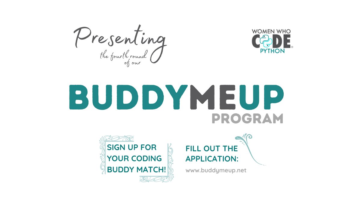 WiSPY - Women in Software & Python (@womensoftwarepy) on Twitter photo Presenting Round 4 of our #BuddyMeUp program!
Looking for one-to-one support on your Python learning journey?
Sign up to be matched with a coding buddy! 🗒
buff.ly/2QIbQmm
Creators <a href="/Isa7702/">Isabella Hoesch</a> & Rachel M.
#WWCode #programming #python Presenting Round 4 of our #BuddyMeUp program!
Looking for one-to-one support on your Python learning journey?
Sign up to be matched with a coding buddy! 🗒
buff.ly/2QIbQmm
Creators <a href="/Isa7702/">Isabella Hoesch</a> & Rachel M.
#WWCode #programming #python