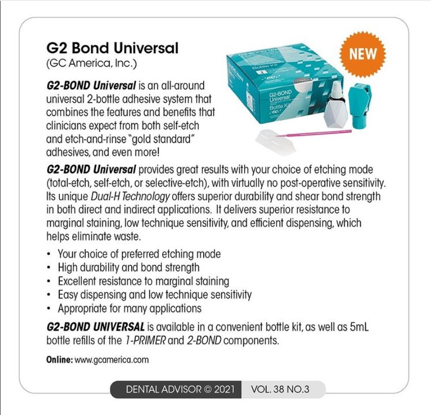 Check out the report from Dental Advisor: G2-BOND Universal performed better than known ‘gold standard’ adhesives tested in their respective etching modes to dentine and enamel in immediate 24h shear bond strength. © 2021, Dental Consultants,Inc.
dentaladvisor.com/pdf-download/?…