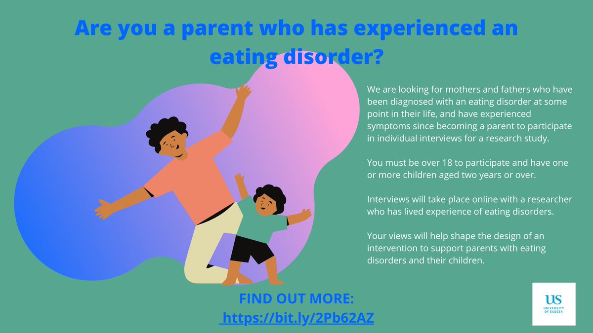 Are you a parent who has experienced an eating disorder? We are looking for mothers and fathers to participate in individual interviews about their parenting experiences for a <a href="/Sussex_Psych/">Sussex Psychology</a> research study: bit.ly/2Pb62AZ #eatingdisordertwt #eatingdisorders #parenting