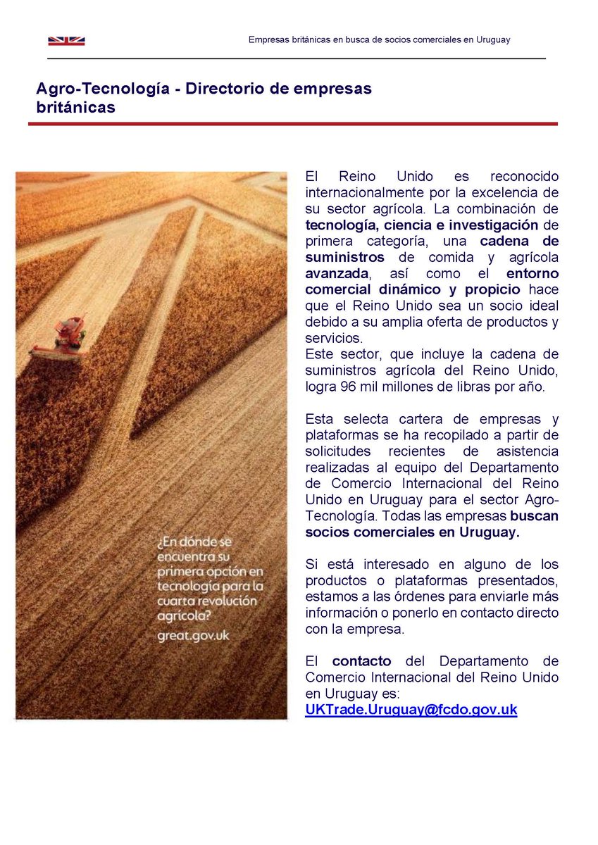 UKinUruguay's tweet image. 📢 Atención empresas de Agrotecnología

Empresas 🇬🇧 del sector están buscando socios comerciales en 🇺🇾

Encontrá más detalles en este boletín 👉 linkedin.com/feed/update/ur…

Interesados por favor escribir a UKTrade.Uruguay@fcdo.gov.uk mencionando su interés específico.