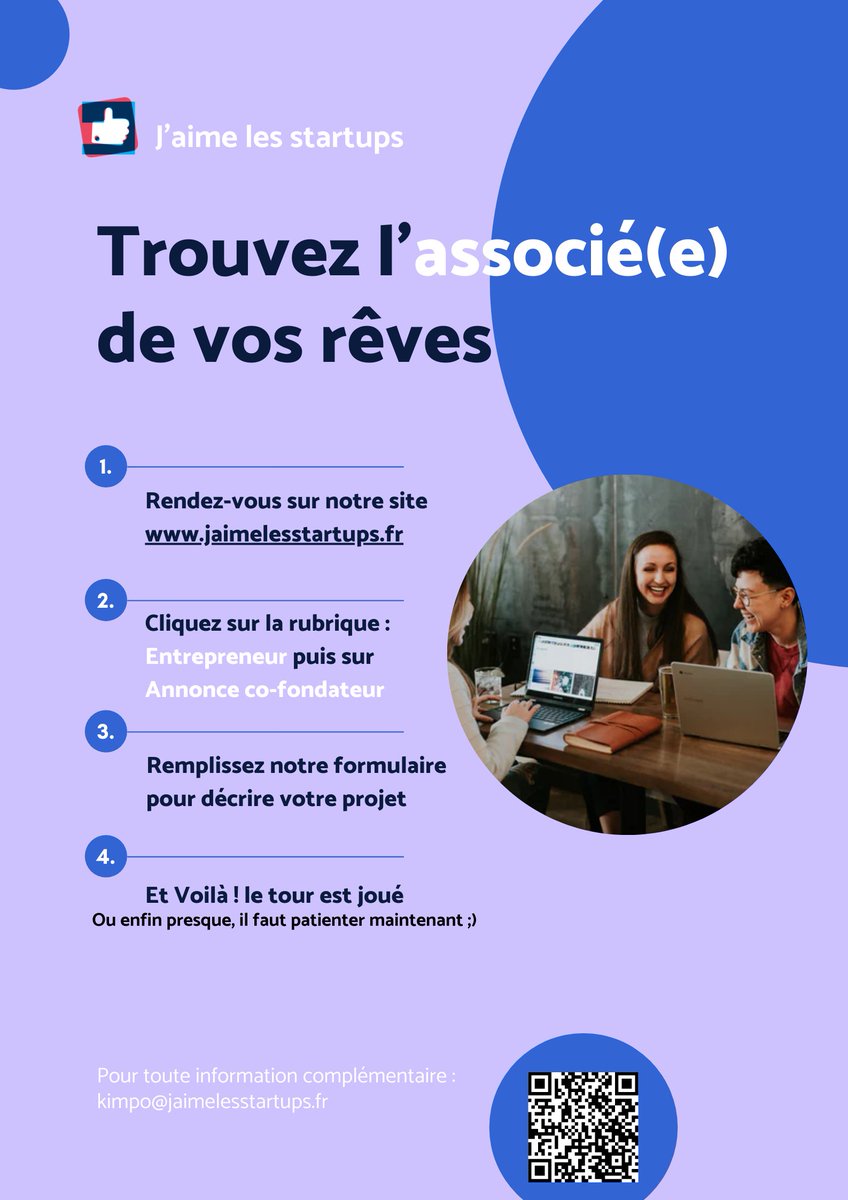 jmlesstartups's tweet photo. 🔉Tu rêves de monter ta boîte, mais tu cherches un ou des associé(e)s ? 

Dépose ton annonce ici → https://t.co/EpZDUMwu9L 

Et si t’as envie de participer à la création d’une startup, c’est ici → 
https://t.co/xgBhqZA7zF
#entreprendre #startup #entraide #entrepreneuriat https://t.co/jR3VfEUzAU
