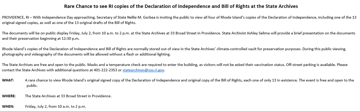 Pretty cool opportunity to check out RI's copy of the Declaration of Independence and Bill of Rights this Friday by Secretary of State <a href="/NellieGorbea/">Nellie Gorbea</a> ahead of, appropriately enough, Independence Day. Only one of 13 in existence for each.