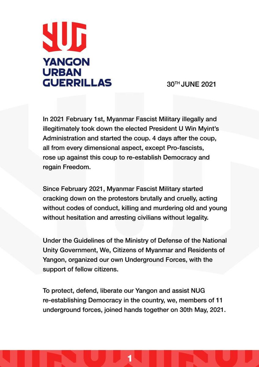 mrattkthu's tweet photo. YangonUrbanGuerrillas (YUG) has released 4-paged statement. YUG is a organised group of 11 guerrillas based in Yangon. Said that they are "liberators of democracy &amp; freedom" but "always follow the guides from @NUGMyanmar. Full statements below in English. #WhatsHappeningInMyanmar https://t.co/NjumHrQqtD