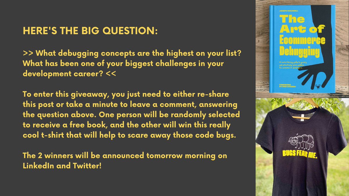 Comment/retweet to enter to WIN a copy of "The Art of Ecommerce Debugging” 👇

This book goes on sale on July 7th. It's meant to turn a novice into an expert debugger, and even some of the greatest devs I know are reporting that they picked up a few tricks while reviewing it. 👇
