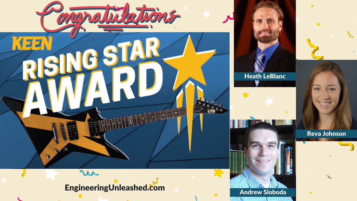 KEENunleashed's tweet image. We are thrilled to announce the recipients of the 2021 KEEN Rising Star award: Heath LeBlanc @ohionorthern, Reva Johnson @ValpoU, and Andrew Sloboda @BucknellU!
Details: engineeringunleashed.com/forum/75/topic…
#EngineeringUnleashed
