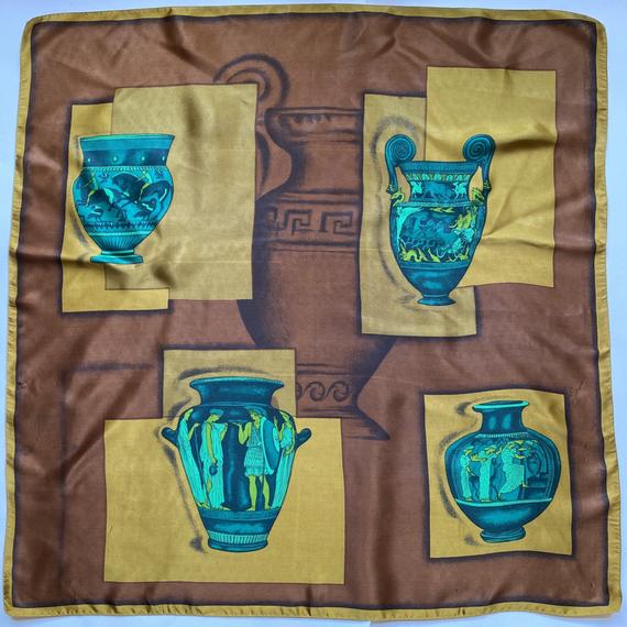 1950s Brown Greek Vase Print Vintage Satin Rayon Square Head Scarf by VintageScarfBoutique dlvr.it/S2mnQQ