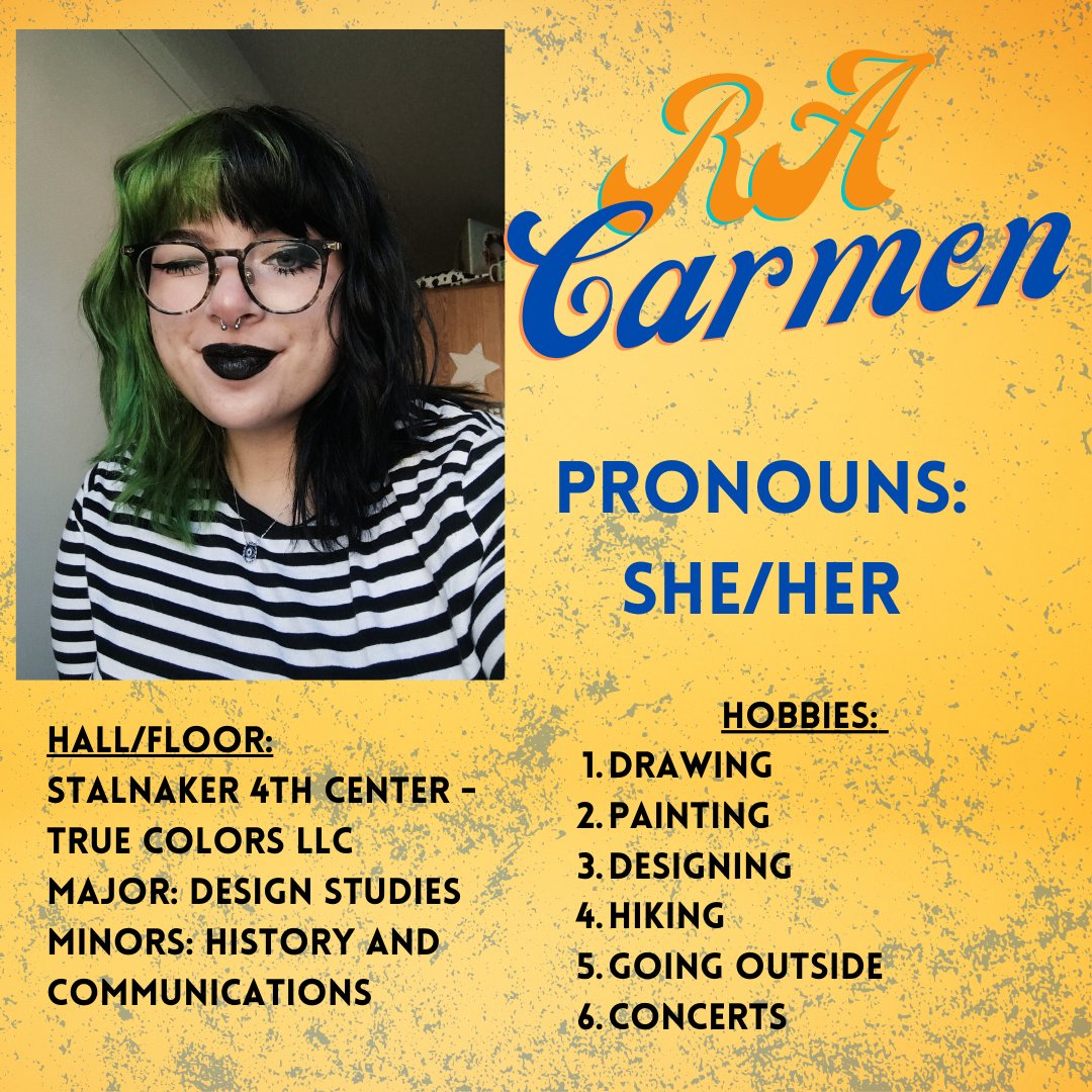 Oof! I am behind on introducing our staff!!! Next up in our RA spotlight is Carmen Cogar, who is our True Colors LLC RA! This will be Carmen's 4th year on staff, but who's counting. We are excited to have her back! @WVULGBTQ #WVUNSO