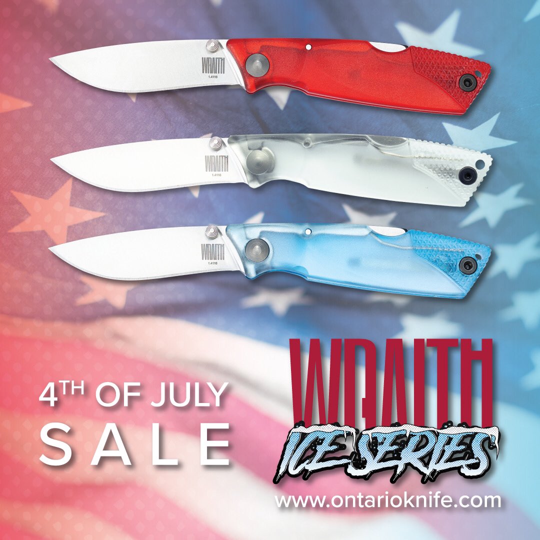 OntarioKnife's tweet photo. Starting Now all #WraithIceSeries folders are on our 4th of July Sale 💥 at https://t.co/2fOeH4kKf4! Head over and grab one! 👌🏽🔪 🧊 🇺🇸 
#ontarioknifecompany #ontarioknifeco #ontarioknives #ontarioknife #OKC1889 #pocketknife #foldingknife #knife #blade #Wraith #clear #4thofjuly https://t.co/pvTIW8GJtl